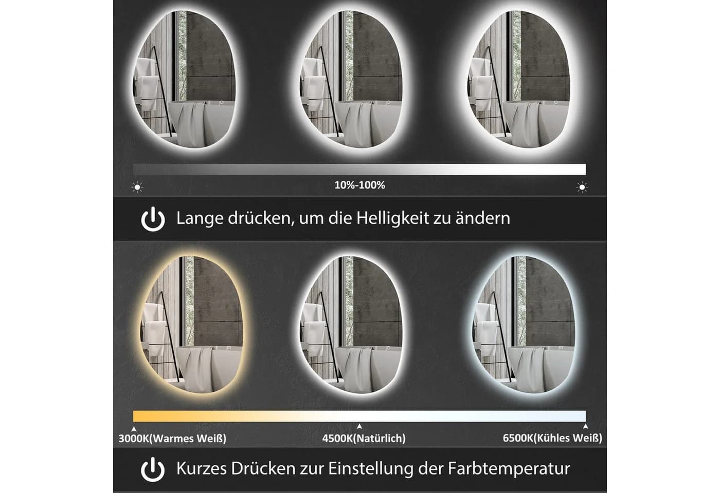 HOMCOM Badspiegel mit Touchschalter 3 Lichtfarben Silber Asymmetrisch IP44 - Bild 4
