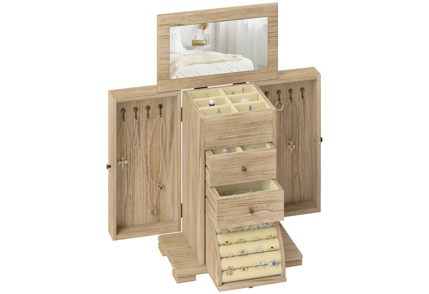 HOMCOM Schmuckkasten mit Spiegel und Schubladen Braun Paulownia-Holz
