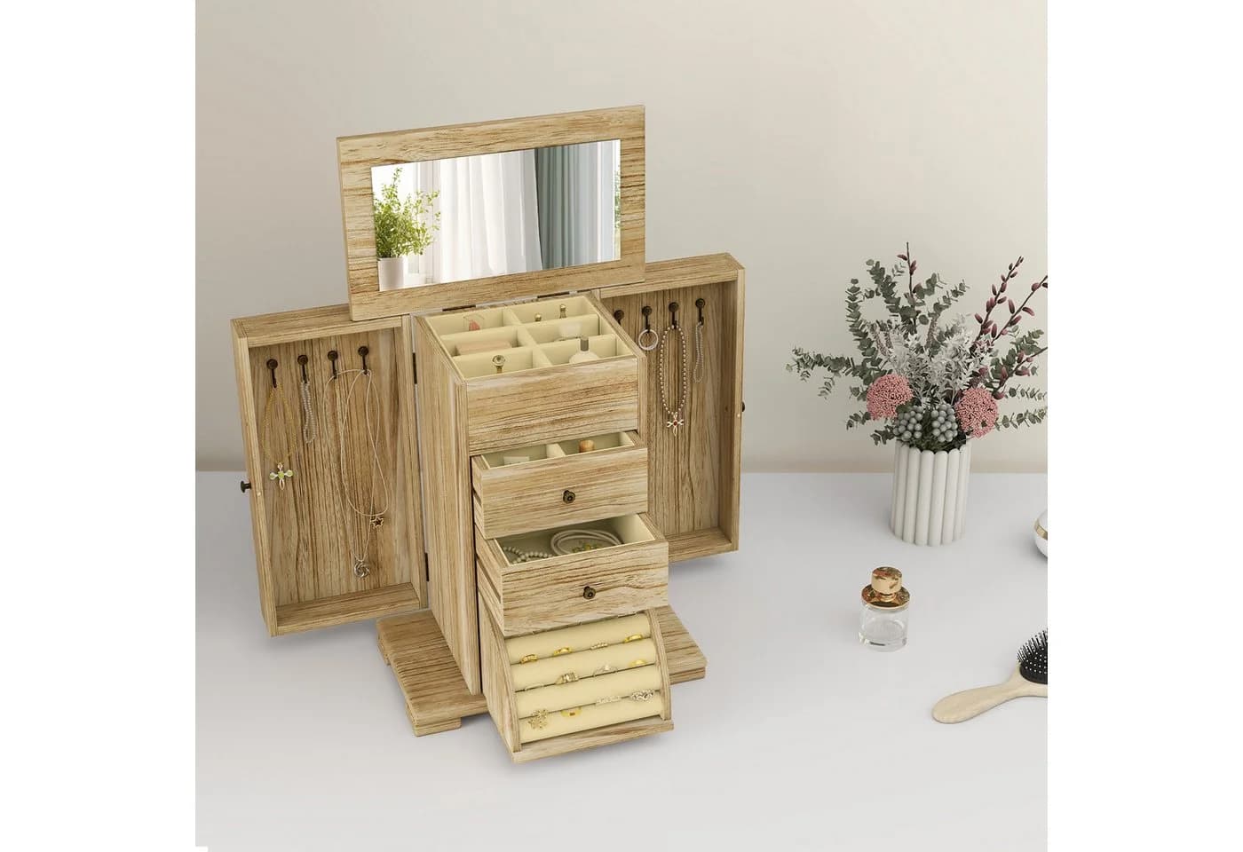 HOMCOM Schmuckkasten mit Spiegel und Schubladen Braun Paulownia-Holz - Bild 2