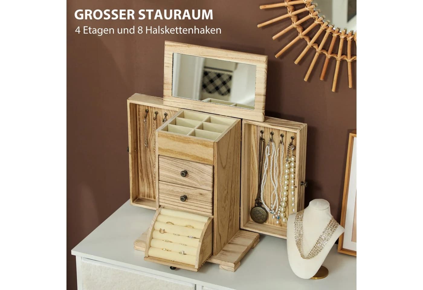 HOMCOM Schmuckkasten mit Spiegel und Schubladen Braun Paulownia-Holz - Bild 4