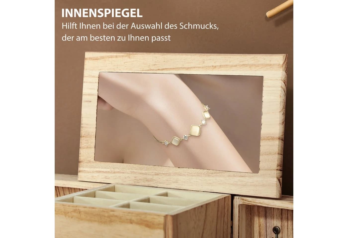 HOMCOM Schmuckkasten mit Spiegel und Schubladen Braun Paulownia-Holz - Bild 5