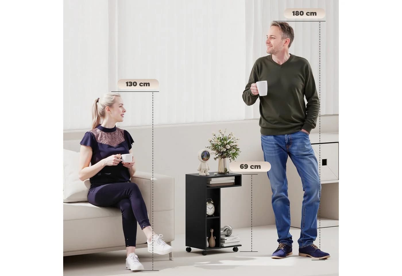 HOMCOM Beistelltisch C-förmig mit 4 Regalen, Rollen, Schwarz - Bild 4