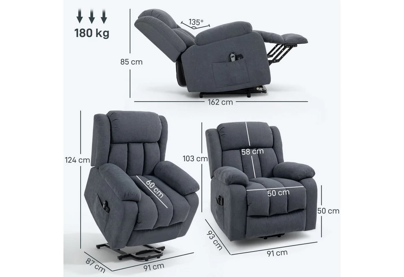HOMCOM Relaxsessel mit Liegefunktion, Massagefunktion, Fernbedienung, Seitentasche, Fußteil, Leinenoptik, Dunkelgrau - Bild 3