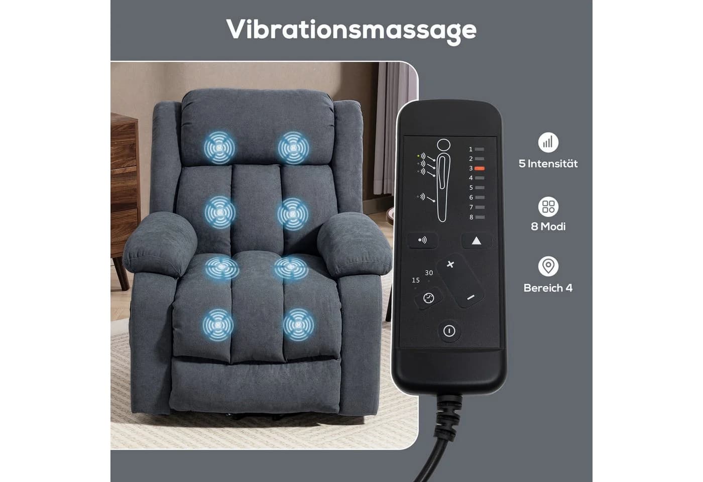 HOMCOM Relaxsessel mit Liegefunktion, Massagefunktion, Fernbedienung, Seitentasche, Fußteil, Leinenoptik, Dunkelgrau - Bild 5