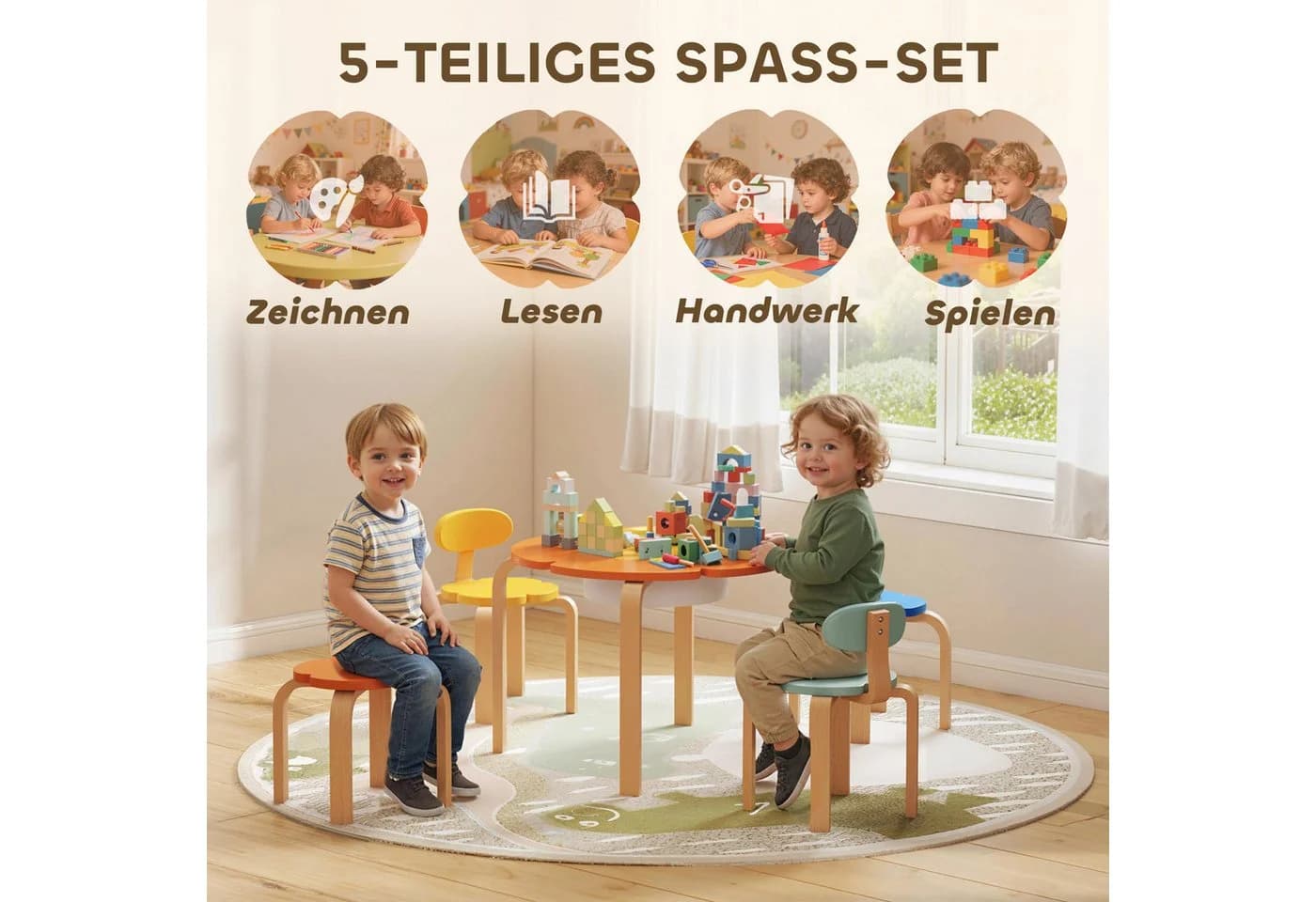 AIYAPLAY Kindersitzgruppe für Kinder von 3 bis 8 Jahren, 5-teiliges Set mit Tisch, Stühlen und Hockern, Blumenform, Mehrfarbig - Bild 4
