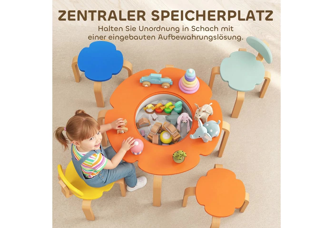 AIYAPLAY Kindersitzgruppe für Kinder von 3 bis 8 Jahren, 5-teiliges Set mit Tisch, Stühlen und Hockern, Blumenform, Mehrfarbig - Bild 5