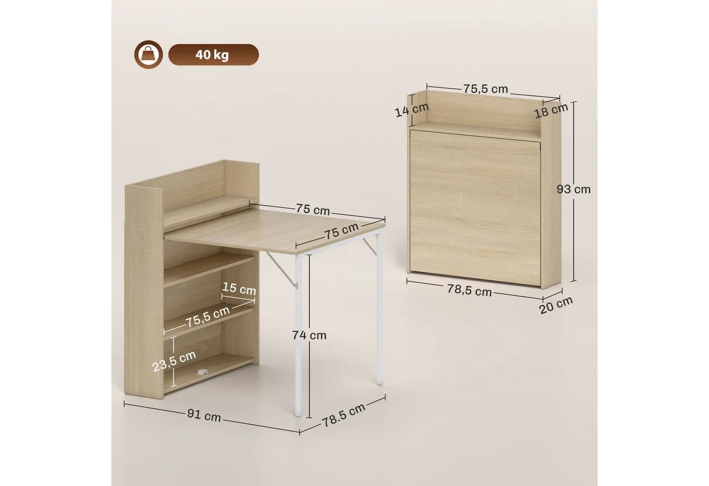 HOMCOM Klapptisch mit Regal Eiche Esszimmertisch Küchentisch - Bild 3