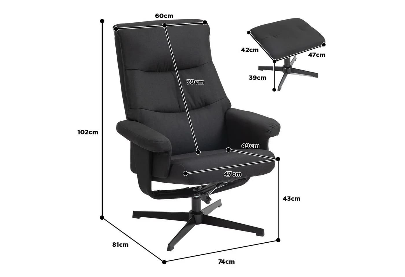 HOMCOM Relaxsessel mit Hocker Schwarz Liegefunktion Wippfunktion - Bild 3