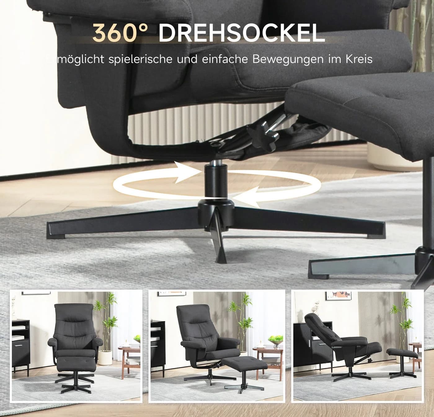 HOMCOM Relaxsessel mit Hocker Schwarz Liegefunktion Wippfunktion - Bild 5