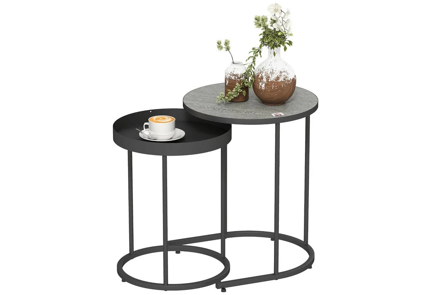 HOMCOM Beistelltisch mit Tablett-Design, Metallgestell, 2er Set Wohnzimmertisch, 2-St., Runder Couchtisch, Grau