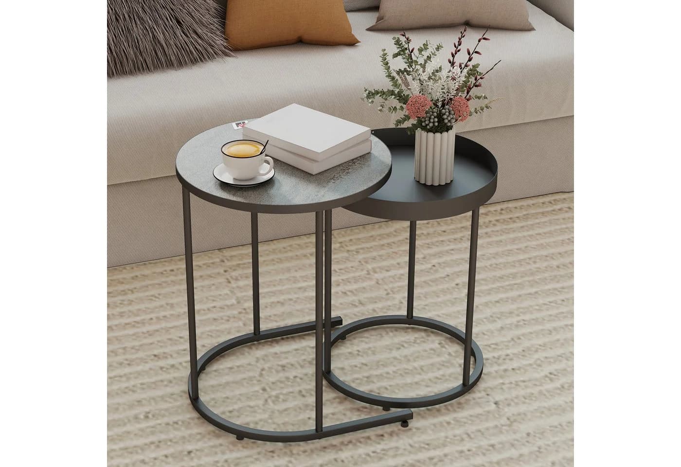 HOMCOM Beistelltisch mit Tablett-Design, Metallgestell, 2er Set Wohnzimmertisch, 2-St., Runder Couchtisch, Grau - Bild 2