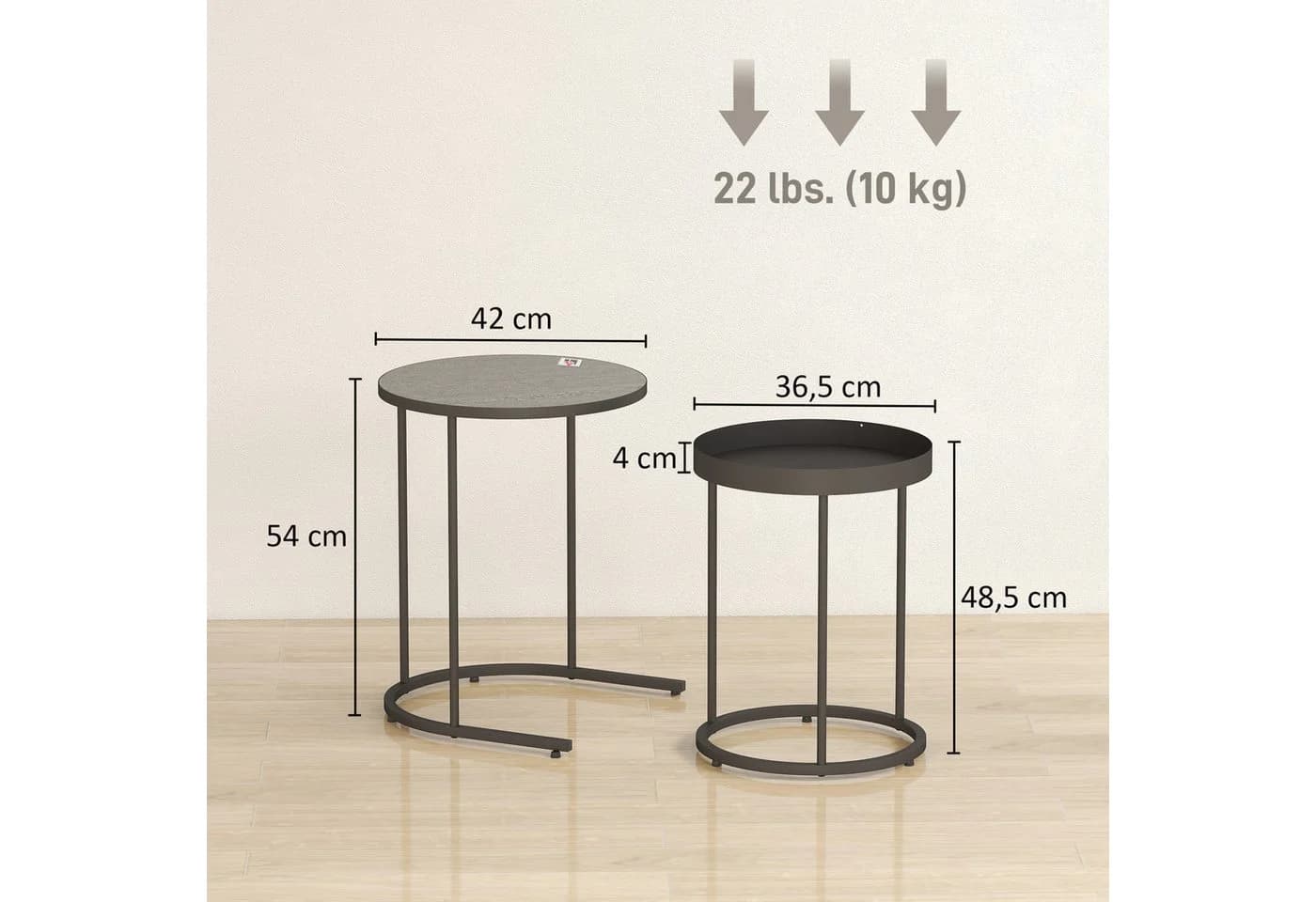 HOMCOM Beistelltisch mit Tablett-Design, Metallgestell, 2er Set Wohnzimmertisch, 2-St., Runder Couchtisch, Grau - Bild 3