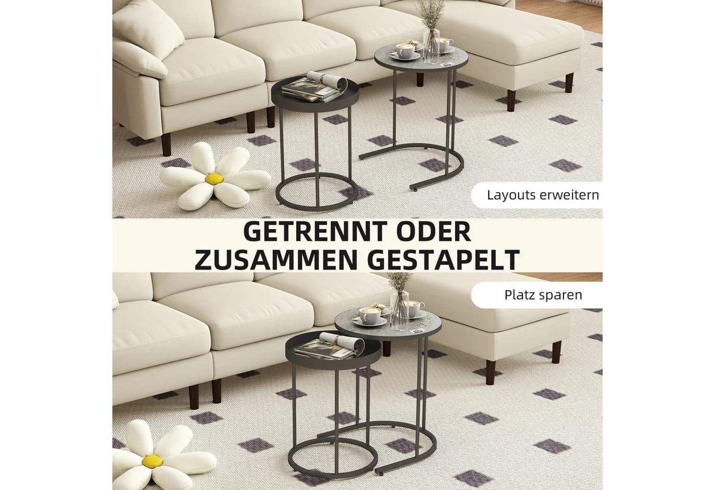 HOMCOM Beistelltisch mit Tablett-Design, Metallgestell, 2er Set Wohnzimmertisch, 2-St., Runder Couchtisch, Grau - Bild 4