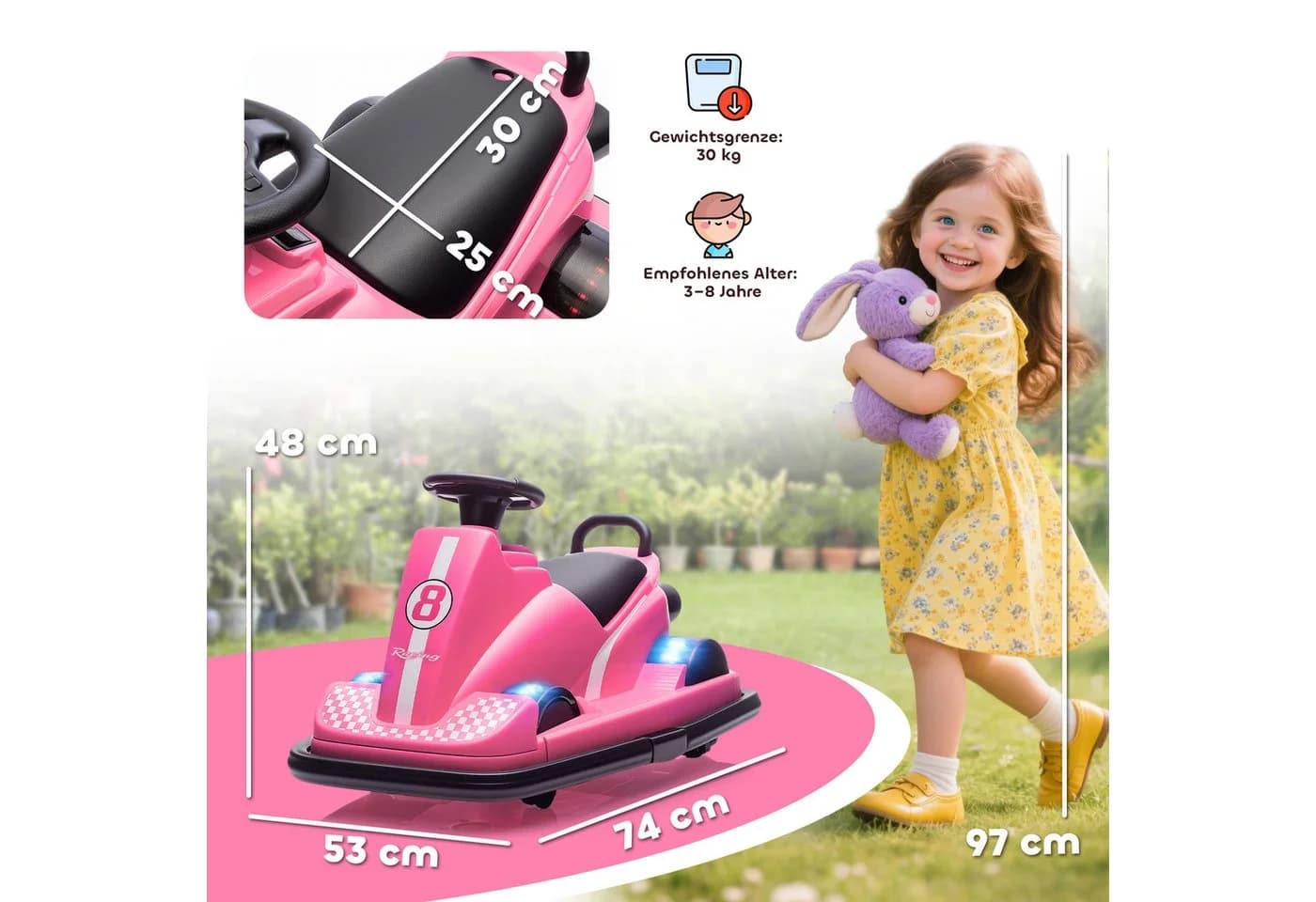 AIYAPLAY Elektro-Kinderauto 360° drehbar, Lenkrad, LED-Lichter, Rosa - Bild 3