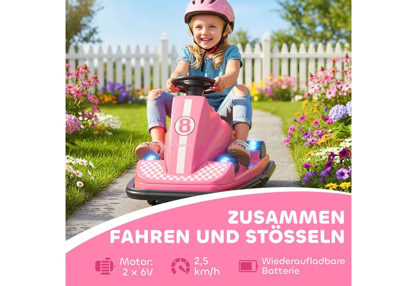AIYAPLAY Elektro-Kinderauto 360° drehbar, Lenkrad, LED-Lichter, Rosa - Bild 4