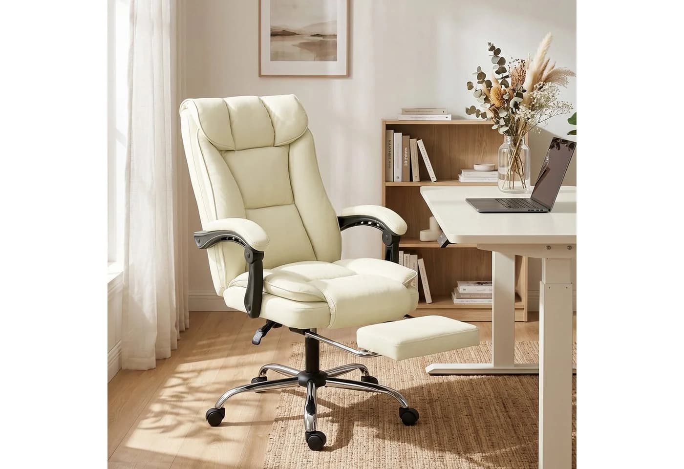 HOMCOM Schreibtischstuhl mit Fußstütze, Kunstleder-Bezug, rollbar, drehbar, Beige - Bild 2