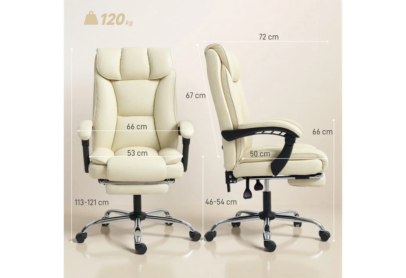 HOMCOM Schreibtischstuhl mit Fußstütze, Kunstleder-Bezug, rollbar, drehbar, Beige - Bild 3