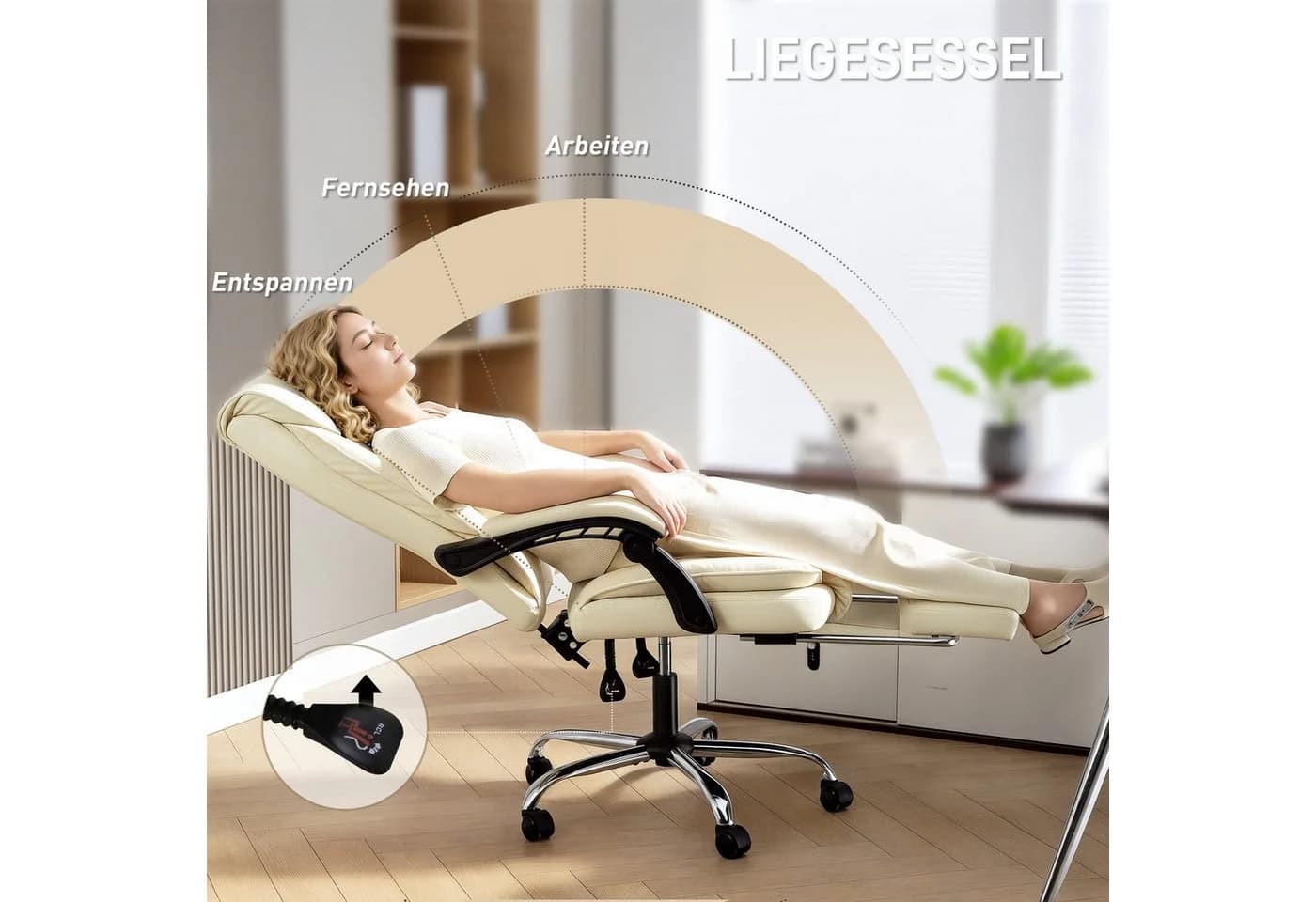 HOMCOM Schreibtischstuhl mit Fußstütze, Kunstleder-Bezug, rollbar, drehbar, Beige - Bild 4