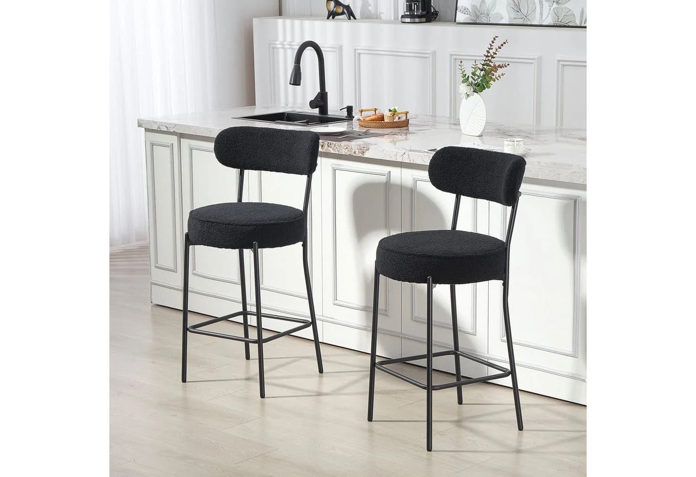 HOMCOM Barhocker mit Polstersitz und Fußstütze, Schwarz, 2er-Set - Bild 2