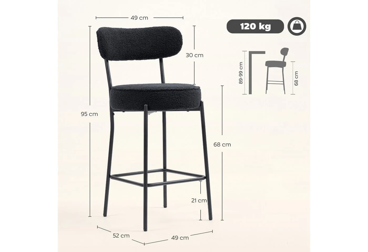 HOMCOM Barhocker mit Polstersitz und Fußstütze, Schwarz, 2er-Set - Bild 3