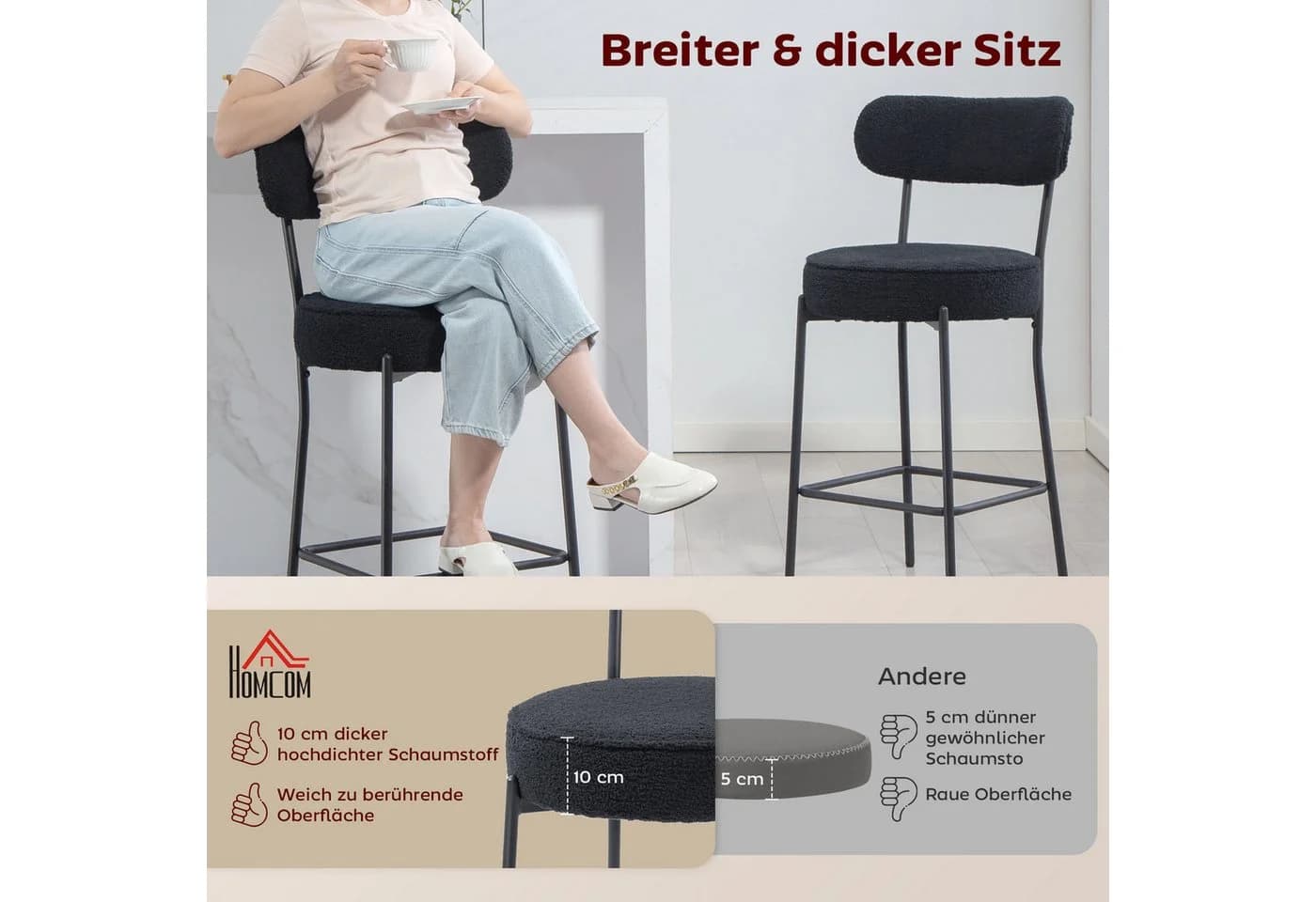 HOMCOM Barhocker mit Polstersitz und Fußstütze, Schwarz, 2er-Set - Bild 4