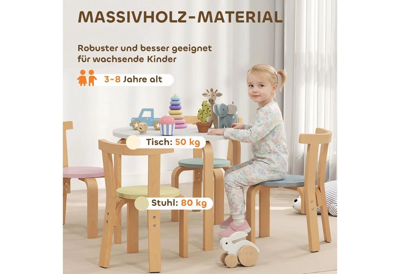 AIYAPLAY Kindersitzgruppe Tragfähigkeit bis zu 80 kg, 5-tlg. Set mit Tisch und Stühlen, für Kinder von 3-8 Jahren, Mehrfarbig - Bild 4