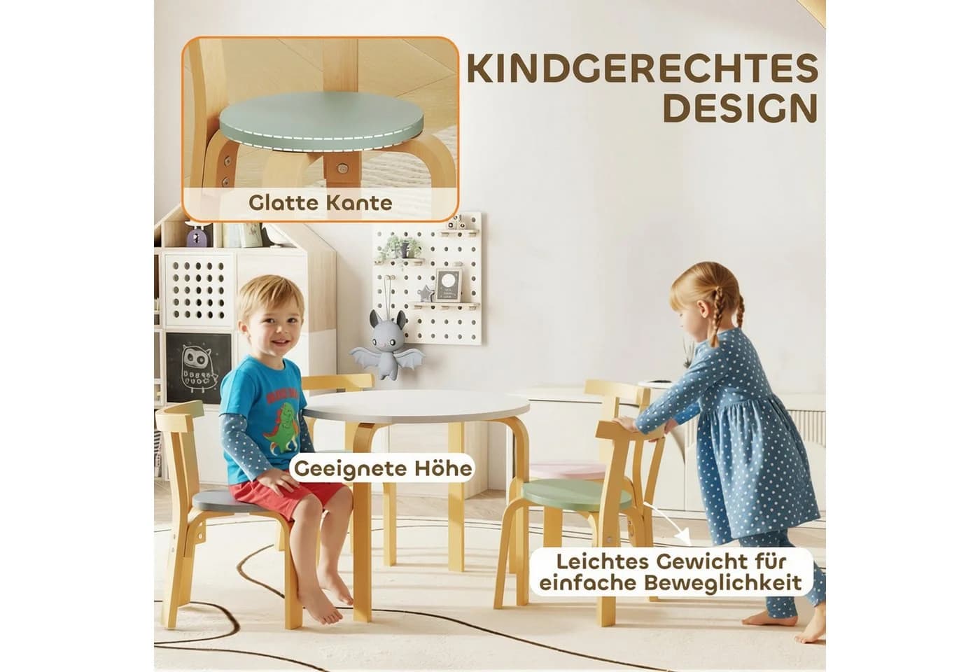 AIYAPLAY Kindersitzgruppe Tragfähigkeit bis zu 80 kg, 5-tlg. Set mit Tisch und Stühlen, für Kinder von 3-8 Jahren, Mehrfarbig - Bild 5