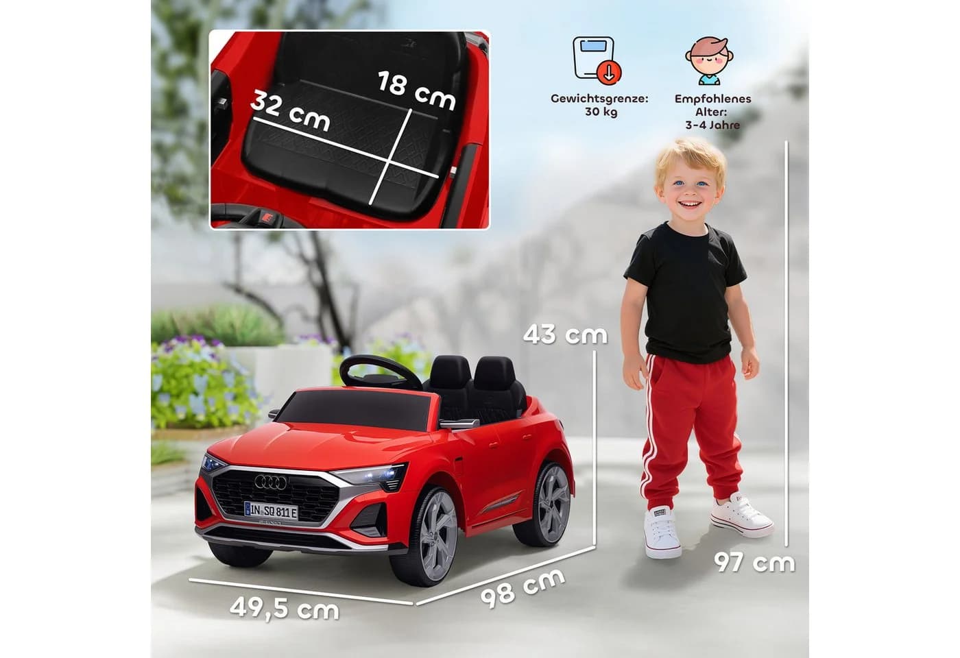 AIYAPLAY Elektro-Kinderauto mit Fernsteuerung, Scheinwerfer, Musik, Belastbarkeit 30 kg, für 3-4 Jahre Kinder, Rot - Bild 3