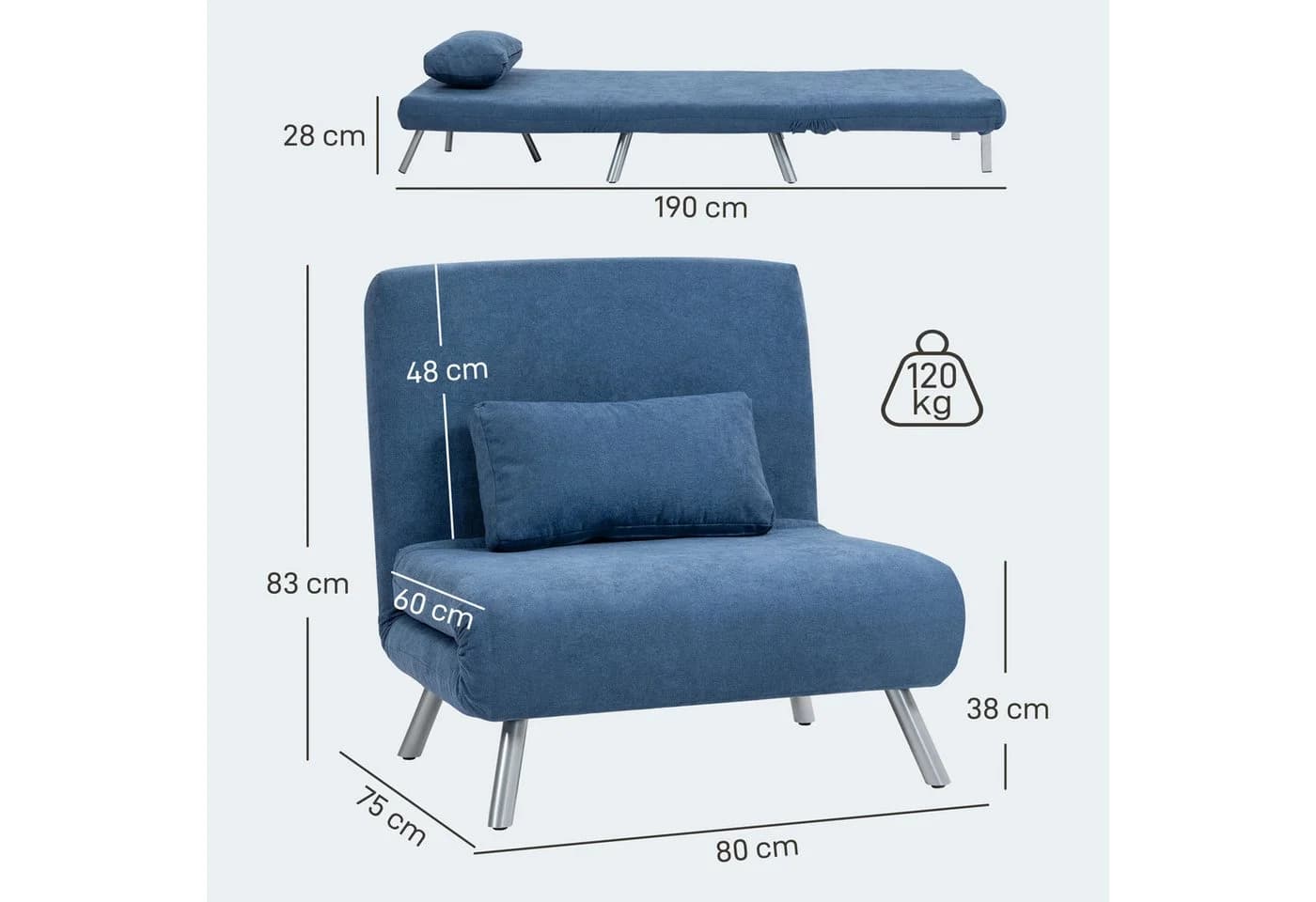 HOMCOM Schlafsofa Blau Samtoptik 3-in-1 mit verstellbarer Rückenlehne - Bild 3