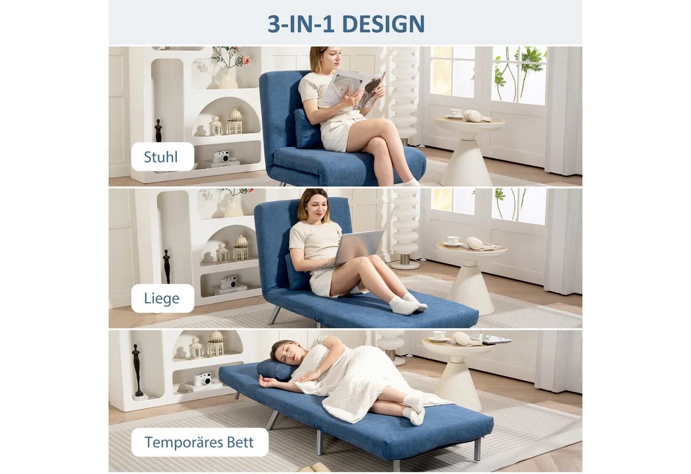 HOMCOM Schlafsofa Blau Samtoptik 3-in-1 mit verstellbarer Rückenlehne - Bild 4