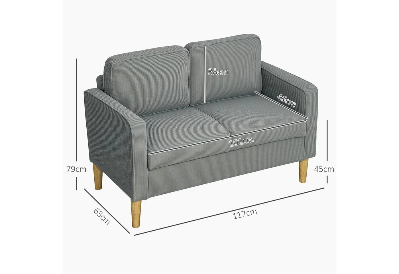 HOMCOM 2-Sitzer Polstersofa Hellgrau mit Stauraum und Cordbezug - Bild 3