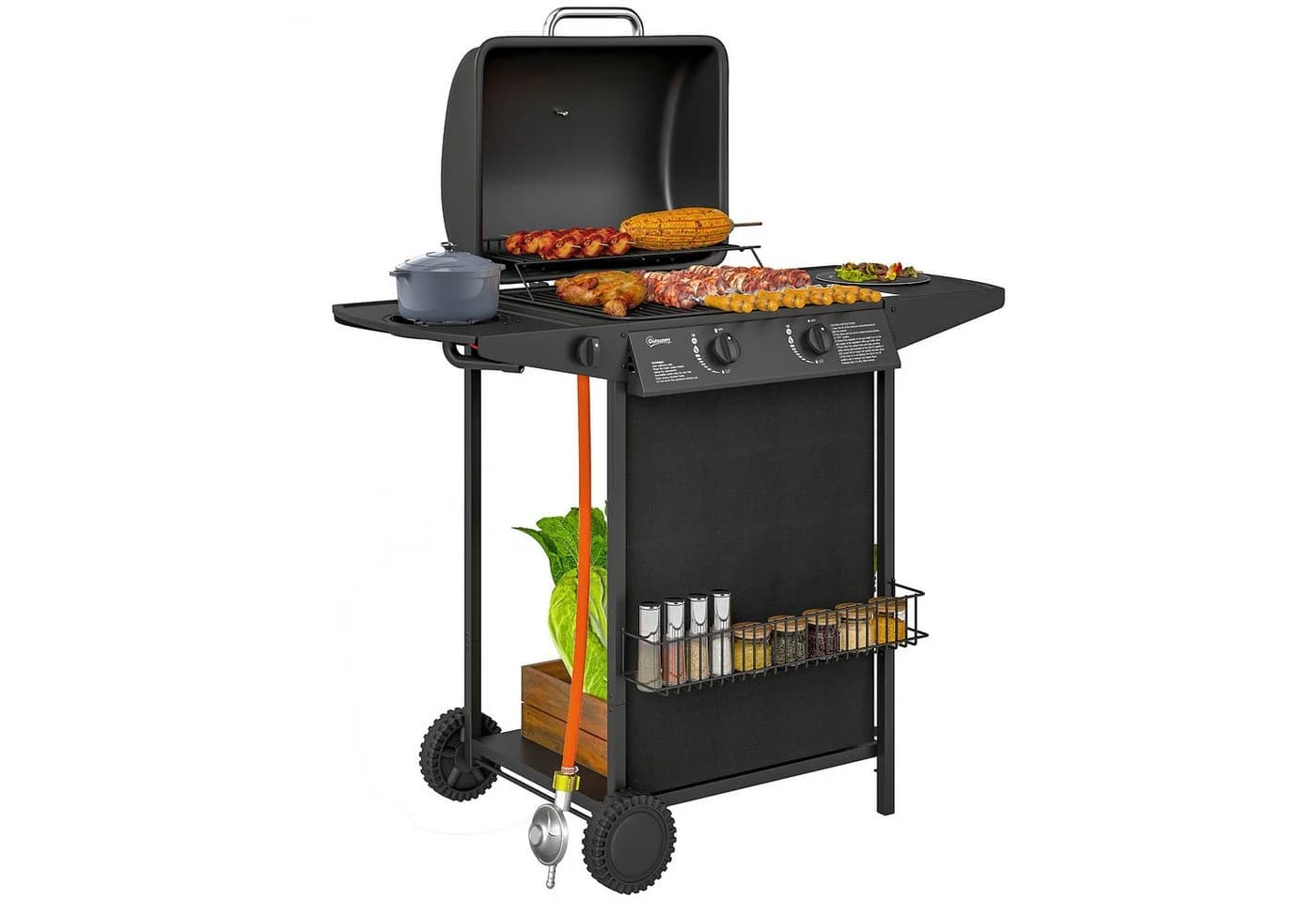 Outsunny Gasgrill 3 Brenner Schwarz mit Seitenkocher