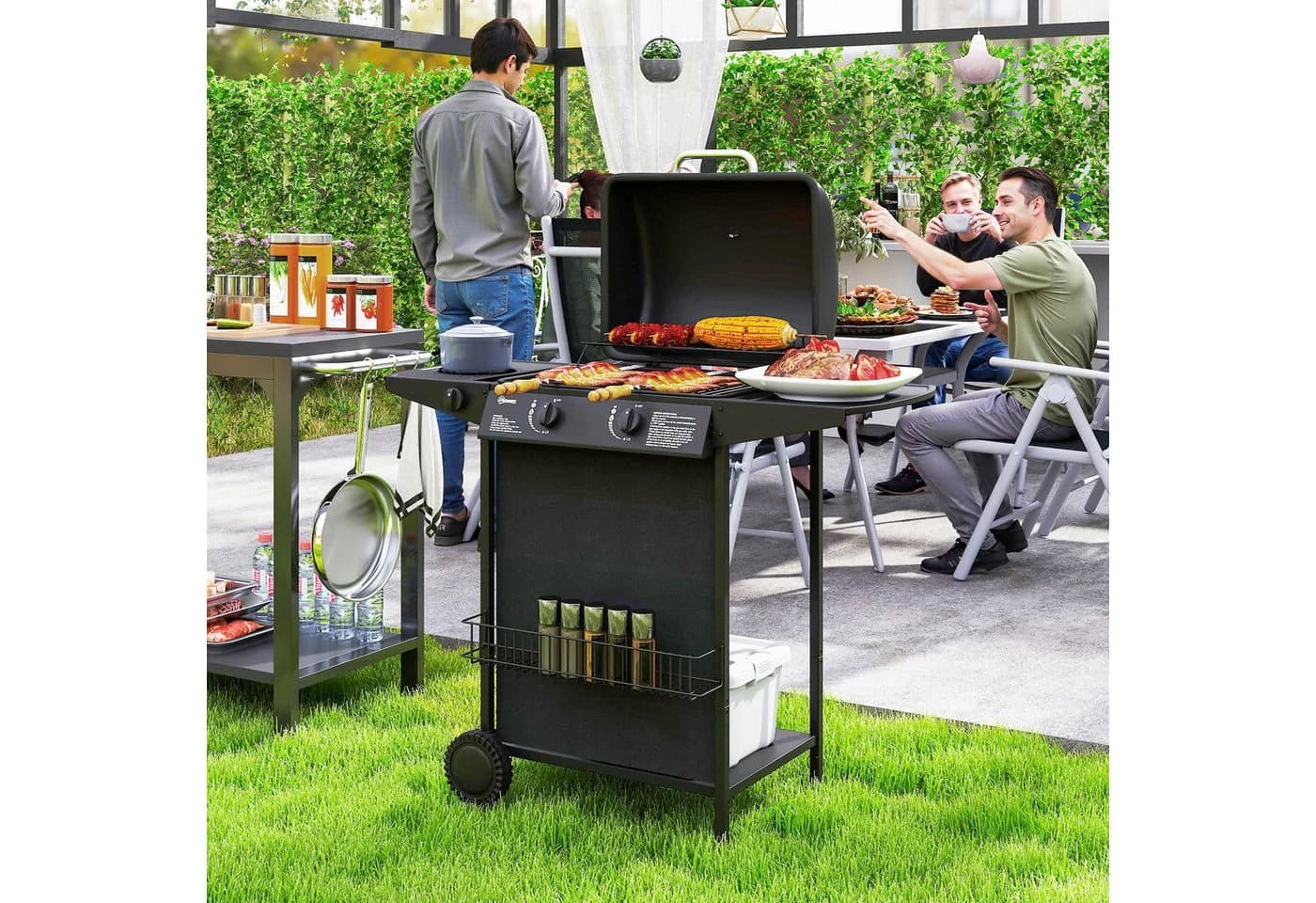 Outsunny Gasgrill 3 Brenner Schwarz mit Seitenkocher - Bild 2