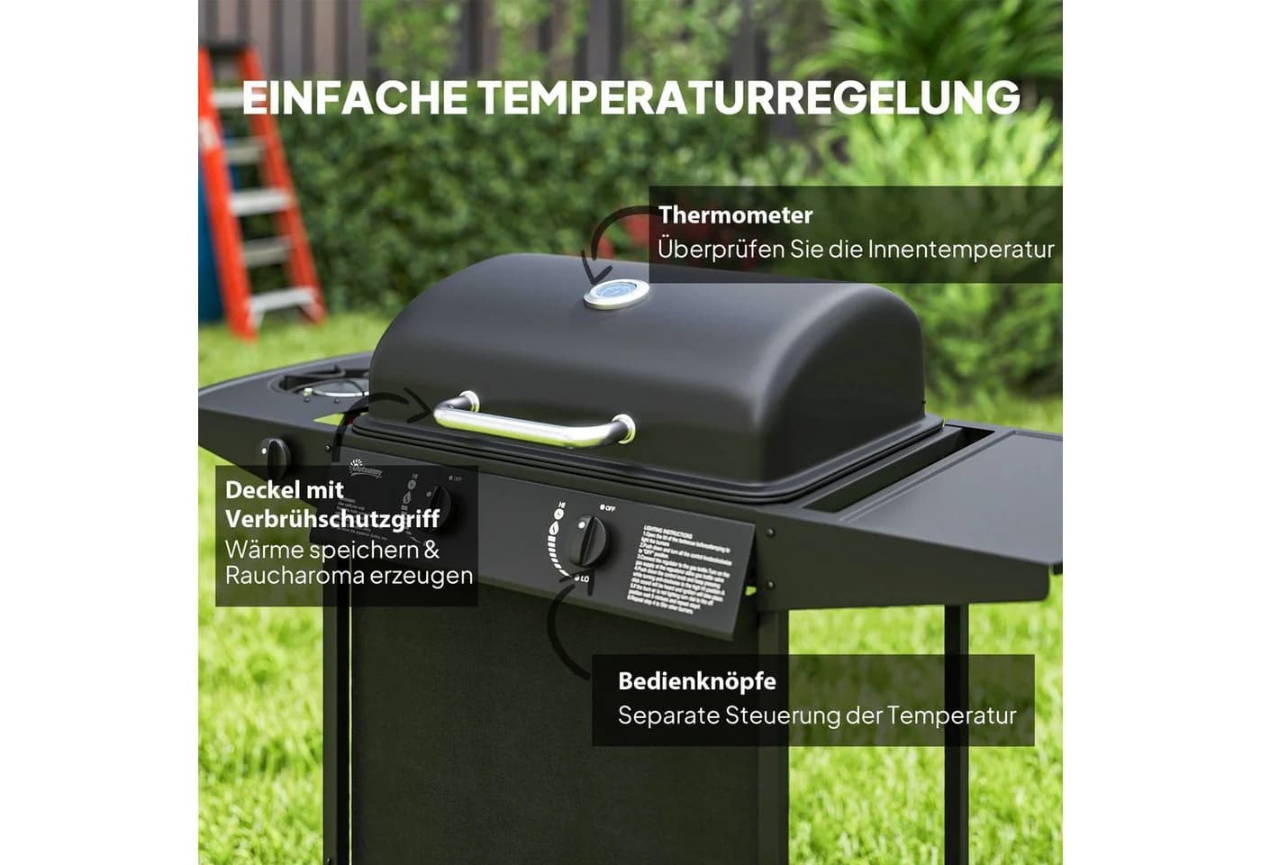 Outsunny Gasgrill 3 Brenner Schwarz mit Seitenkocher - Bild 5