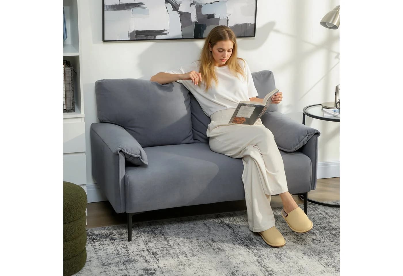 HOMCOM 2-Sitzer Polstersofa mit Armlehne, Metallrahmen, Grau - Bild 2