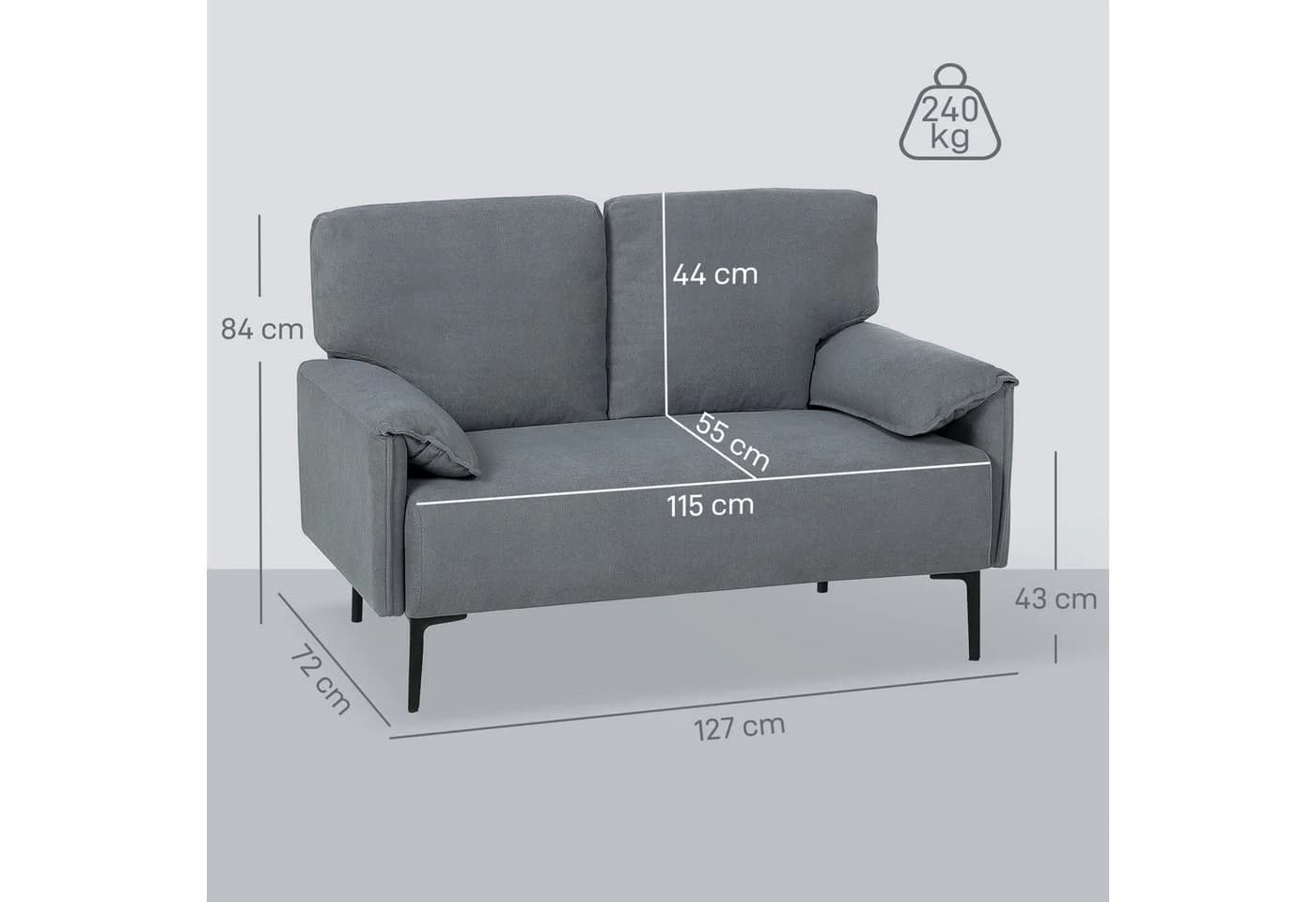 HOMCOM 2-Sitzer Polstersofa mit Armlehne, Metallrahmen, Grau - Bild 3