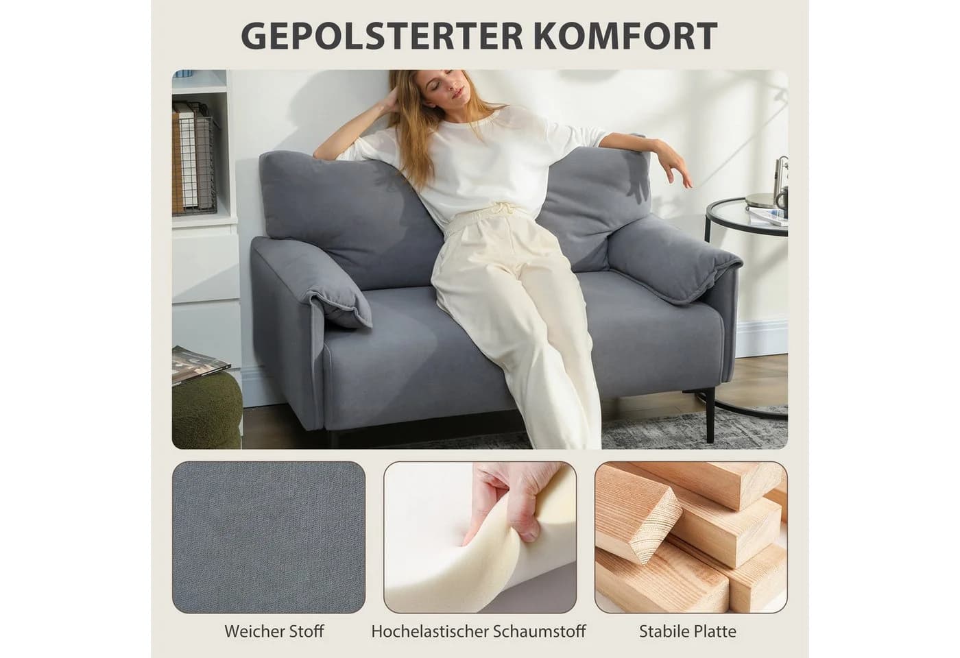 HOMCOM 2-Sitzer Polstersofa mit Armlehne, Metallrahmen, Grau - Bild 4