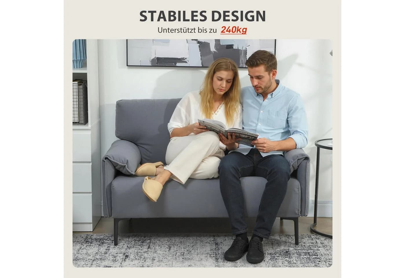 HOMCOM 2-Sitzer Polstersofa mit Armlehne, Metallrahmen, Grau - Bild 5