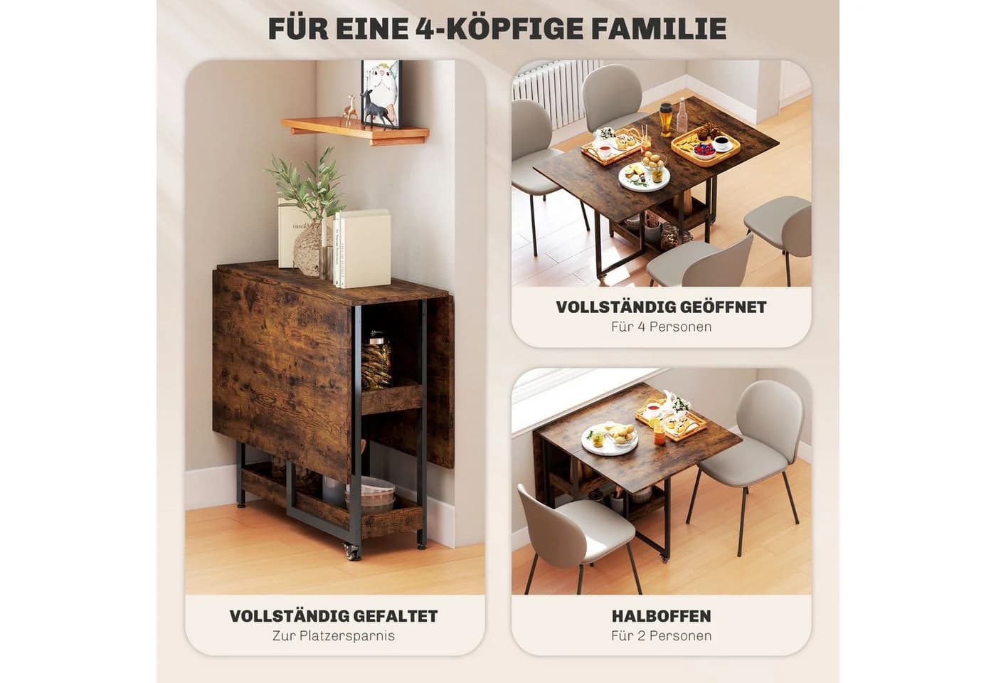 HOMCOM Klapptisch Esstisch Klappbar für 2-4 Personen mit 2 Offenen Ablagen - Bild 4