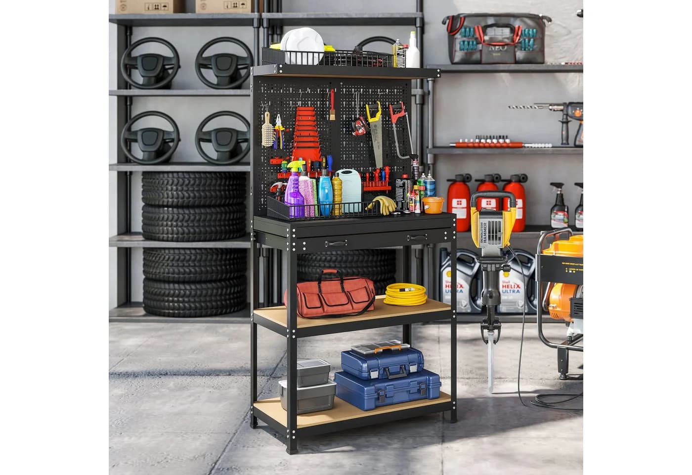 HOMCOM Werkstatt-Set mit Regale, Schublade, Werkstatteinrichtung, 1-tlg, für Garage, Werkstatt, Schwarz - Bild 2