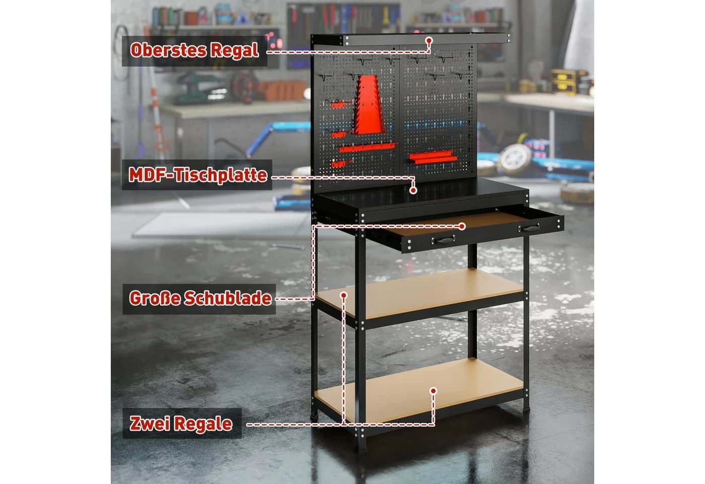 HOMCOM Werkstatt-Set mit Regale, Schublade, Werkstatteinrichtung, 1-tlg, für Garage, Werkstatt, Schwarz - Bild 4