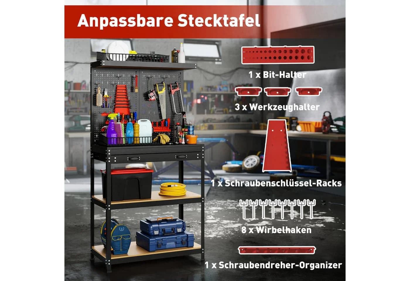 HOMCOM Werkstatt-Set mit Regale, Schublade, Werkstatteinrichtung, 1-tlg, für Garage, Werkstatt, Schwarz - Bild 5