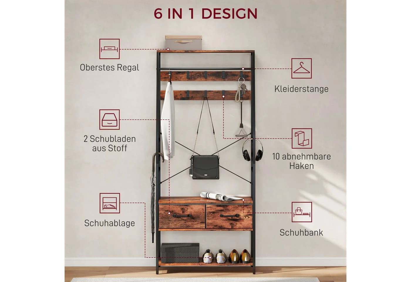 HOMCOM Garderobenständer mit 10 Haken, Rustikal-Braun - Bild 4