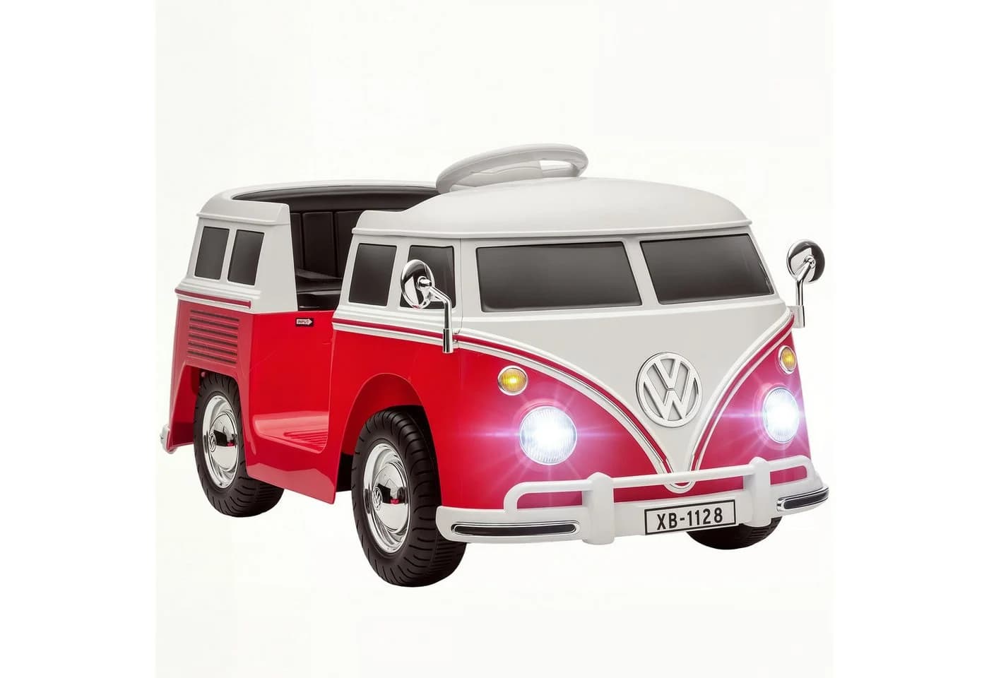 AIYAPLAY Volkswagen T1 Elektroauto 12V Kinder Elektroauto mit MP3, Doppelmotor, Hupe, LED-Lichtern, Belastbarkeit 30 kg, (1-tlg), 3-8 km/h, für 3-7 Jahre Kinder, Rot