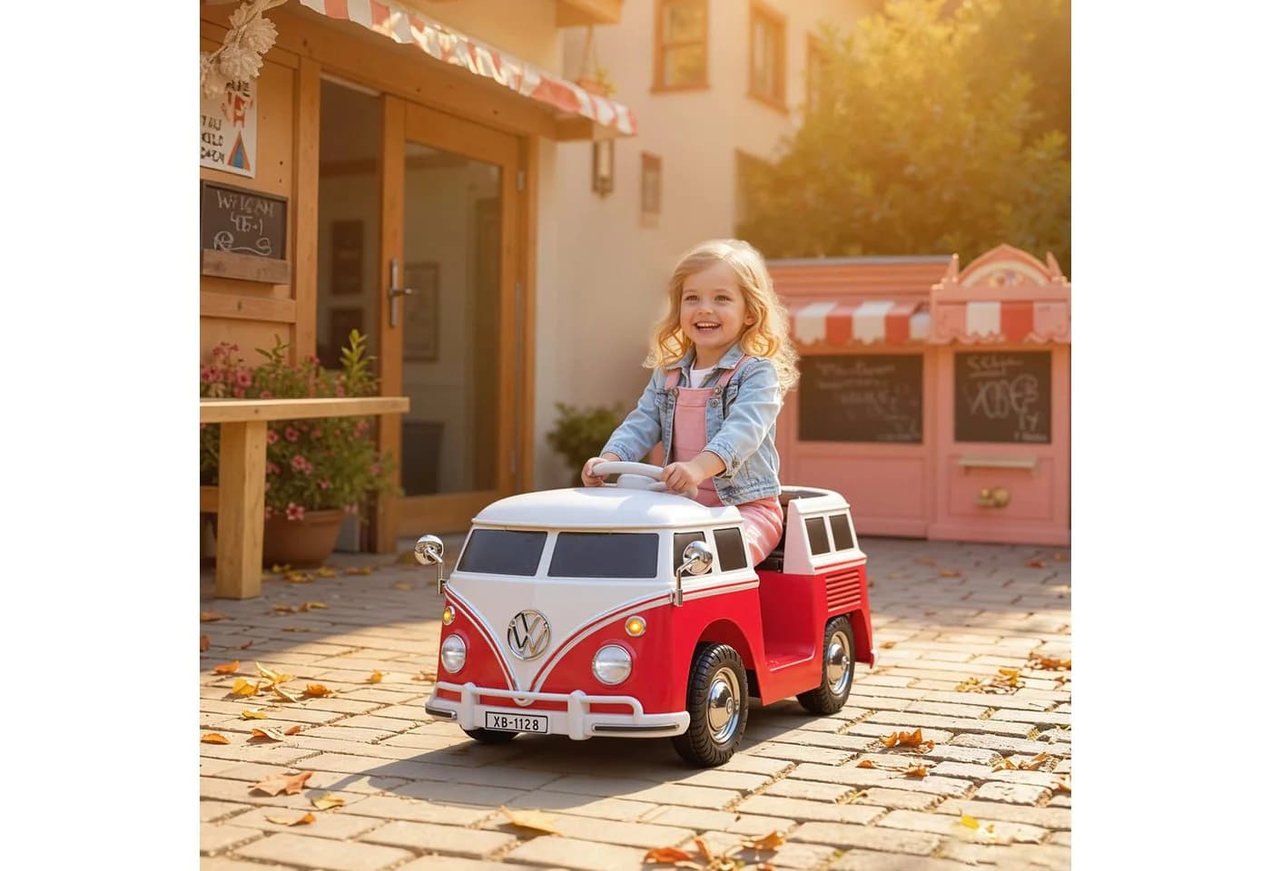 AIYAPLAY Volkswagen T1 Elektroauto 12V Kinder Elektroauto mit MP3, Doppelmotor, Hupe, LED-Lichtern, Belastbarkeit 30 kg, (1-tlg), 3-8 km/h, für 3-7 Jahre Kinder, Rot - Bild 2
