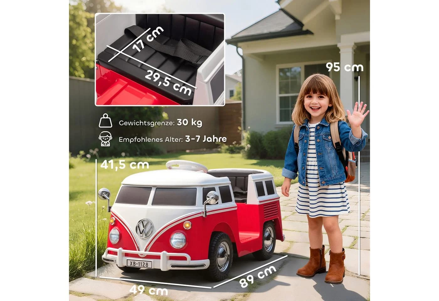 AIYAPLAY Volkswagen T1 Elektroauto 12V Kinder Elektroauto mit MP3, Doppelmotor, Hupe, LED-Lichtern, Belastbarkeit 30 kg, (1-tlg), 3-8 km/h, für 3-7 Jahre Kinder, Rot - Bild 3