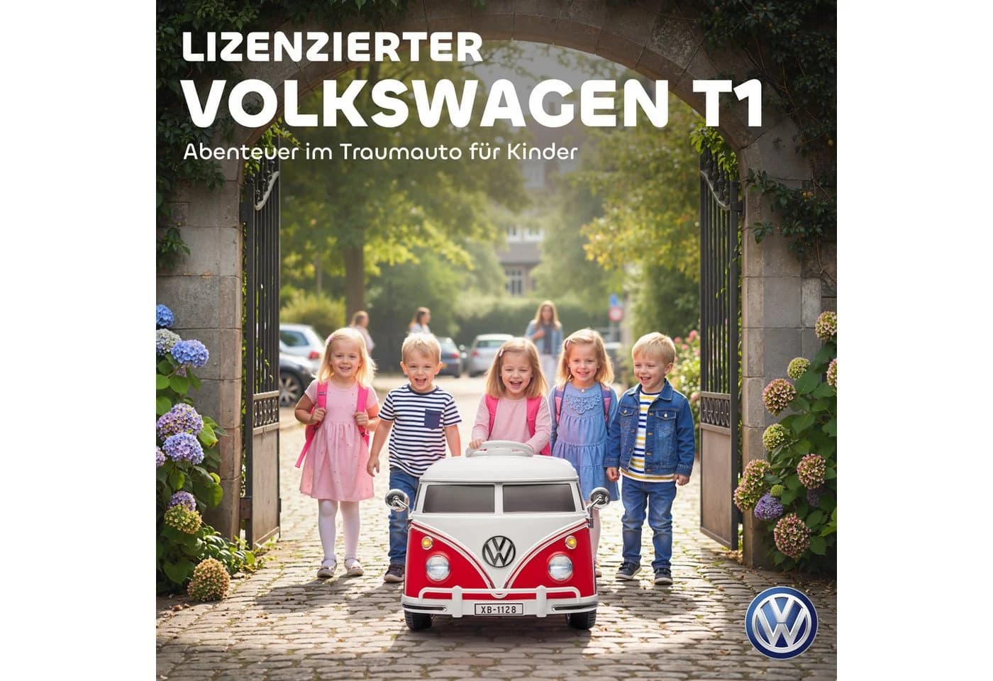 AIYAPLAY Volkswagen T1 Elektroauto 12V Kinder Elektroauto mit MP3, Doppelmotor, Hupe, LED-Lichtern, Belastbarkeit 30 kg, (1-tlg), 3-8 km/h, für 3-7 Jahre Kinder, Rot - Bild 4