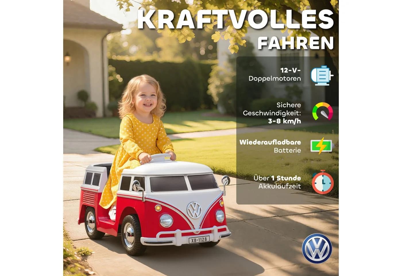 AIYAPLAY Volkswagen T1 Elektroauto 12V Kinder Elektroauto mit MP3, Doppelmotor, Hupe, LED-Lichtern, Belastbarkeit 30 kg, (1-tlg), 3-8 km/h, für 3-7 Jahre Kinder, Rot - Bild 5