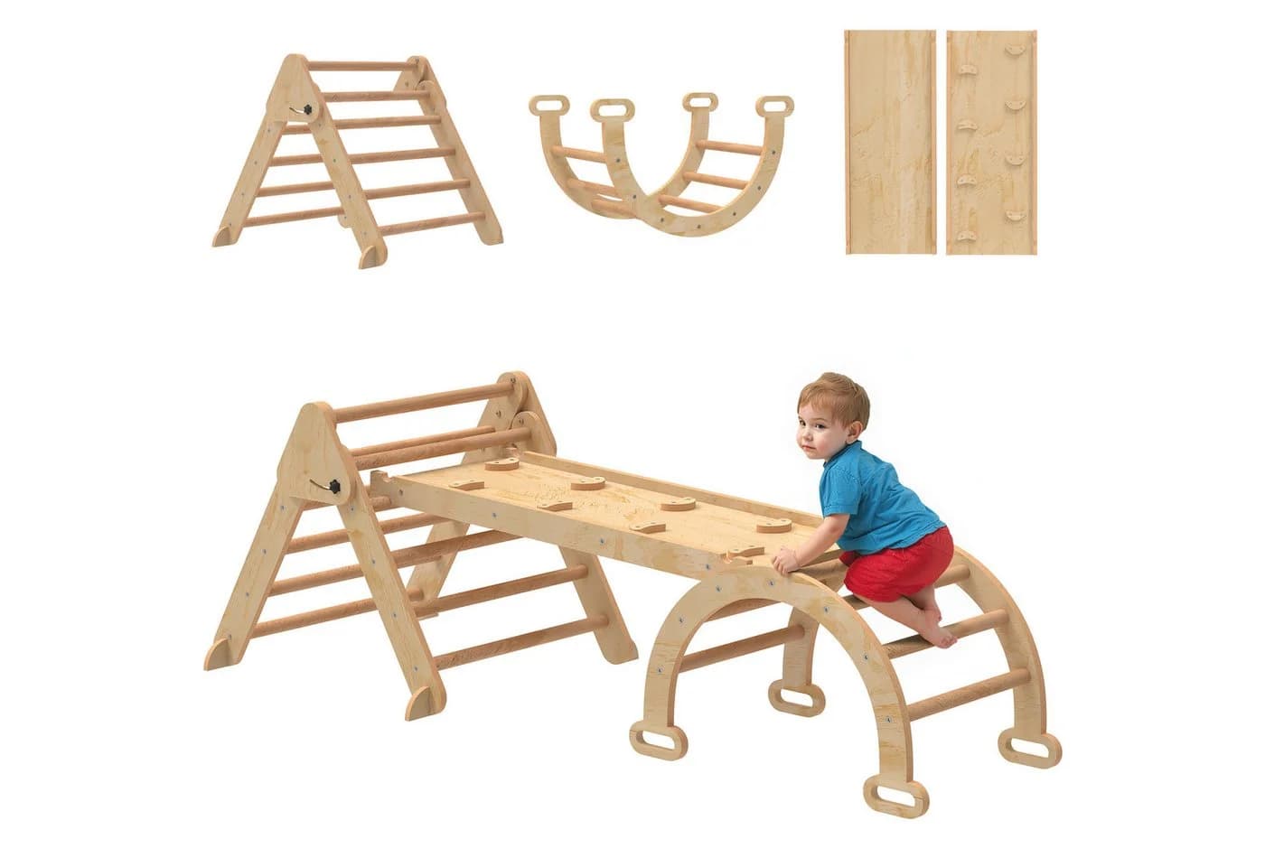 AIYAPLAY Klettergerüst mit Rutsche, Bogen, 7-in-1 Montessori Indoor Spielplatz, Naturholz - Bild 1