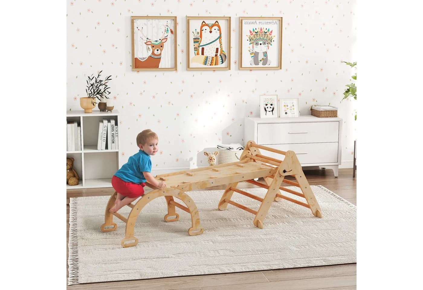 AIYAPLAY Klettergerüst mit Rutsche, Bogen, 7-in-1 Montessori Indoor Spielplatz, Naturholz - Bild 2
